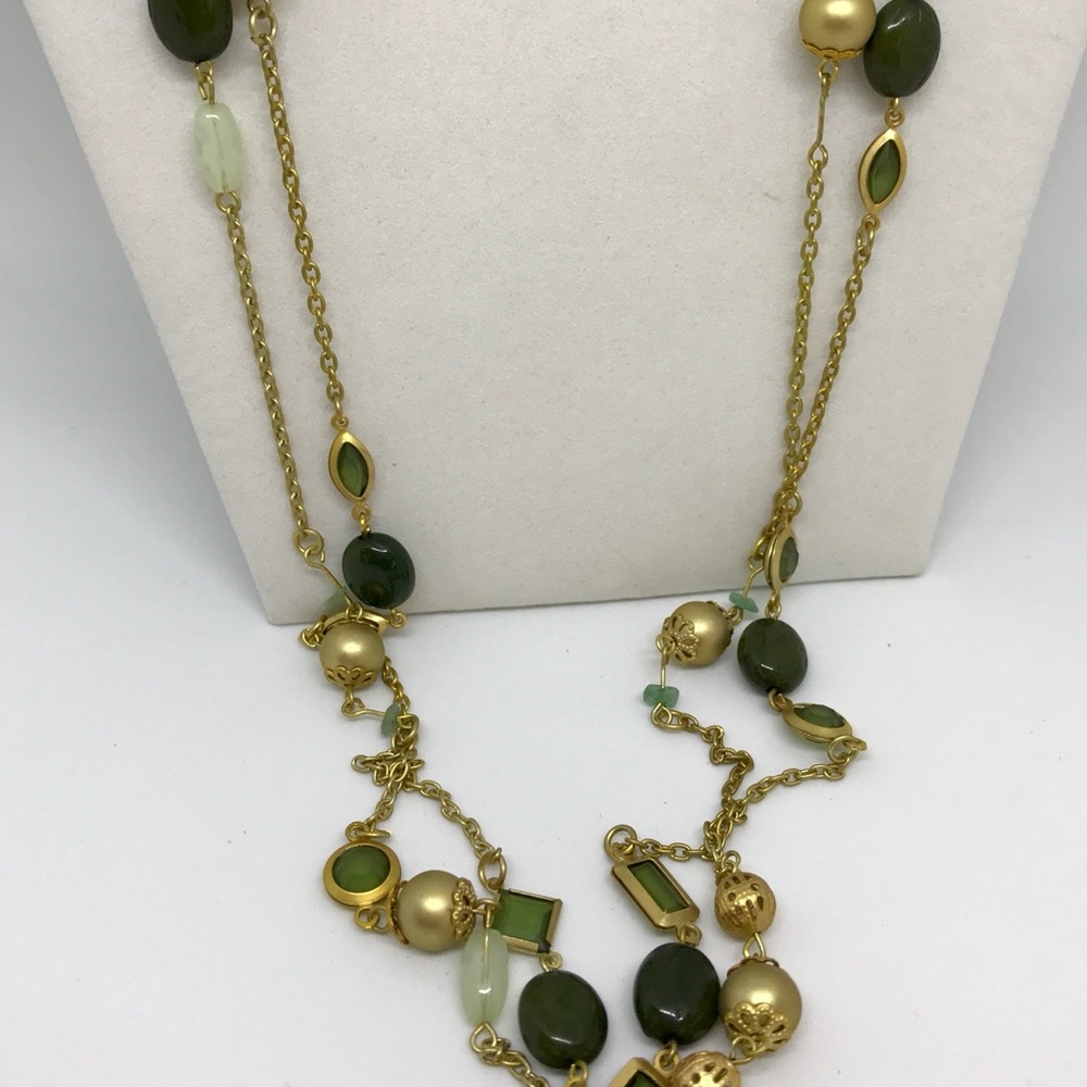 NWOT Premier Designs Gold and Green Double strand long Necklace